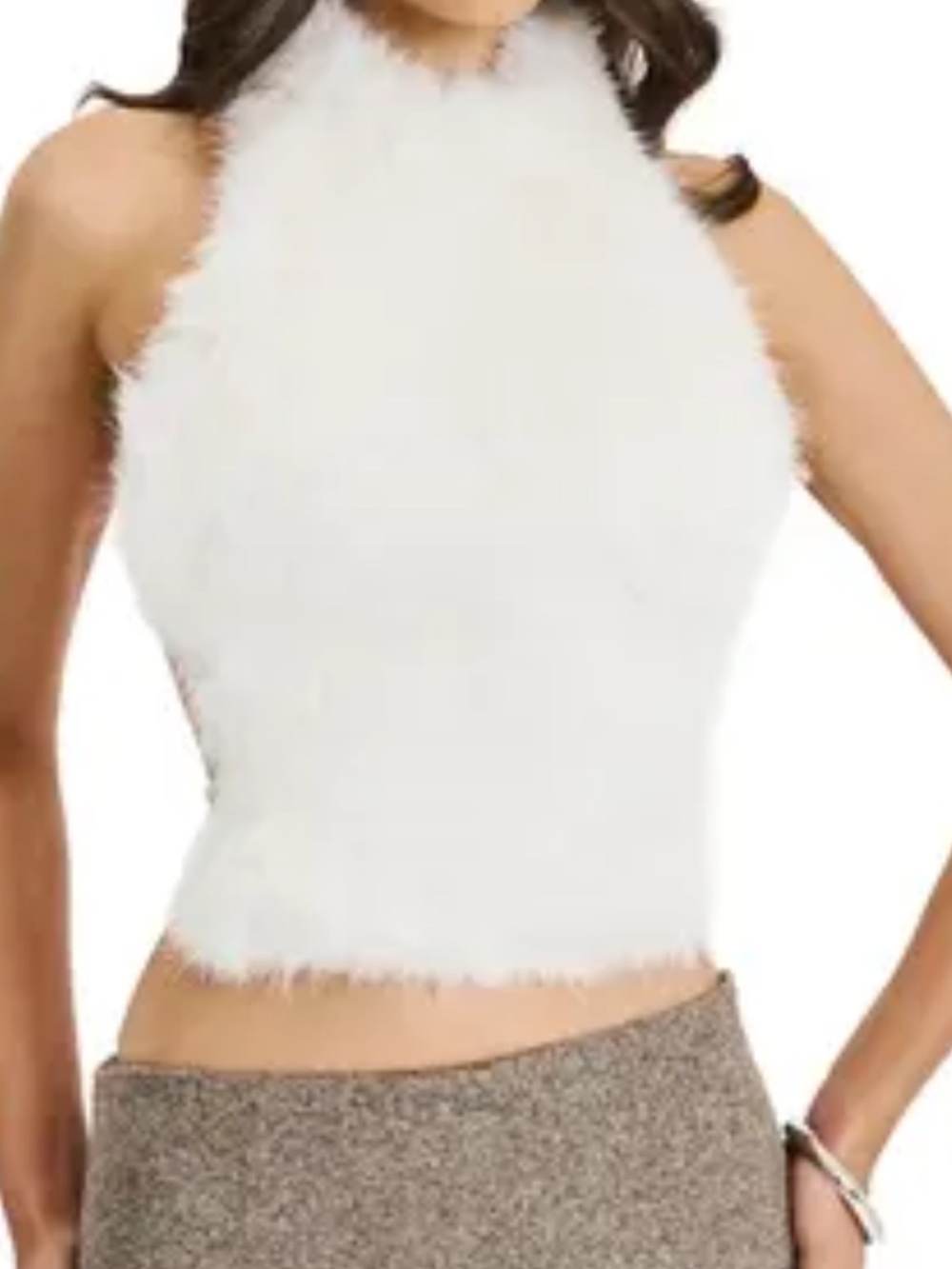 Zara White Fuzzy Knit Sleeveless Turtleneck Sweater